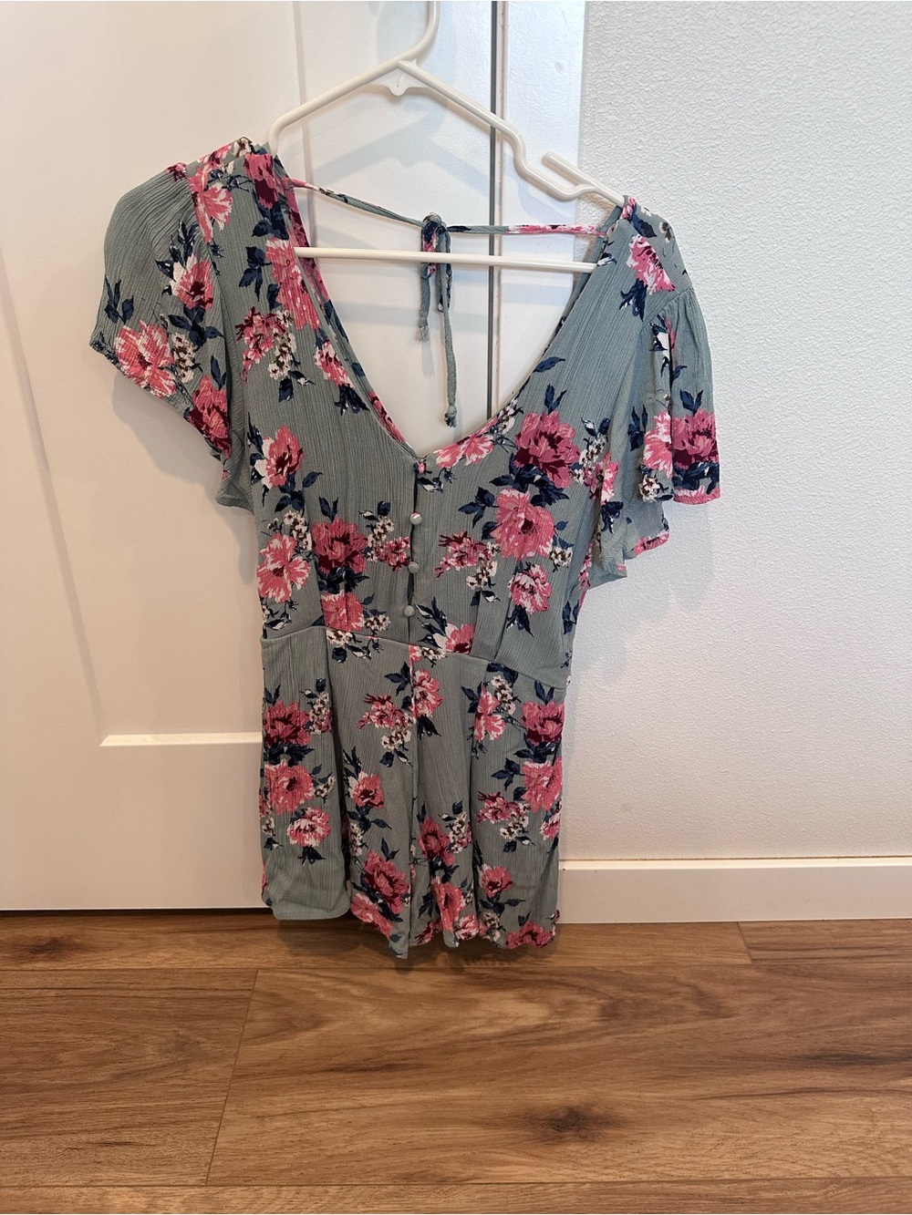 Floral V-Neck Short Sleeve Romper - Sage Green with Pink Bloom